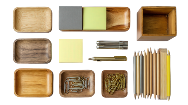 Wooden Desk Organizers: A flat lay of wooden desk organizers with pens, sticky notes, and paper clips, isolated on a Transparent background, PNG file. - Powered by Adobe