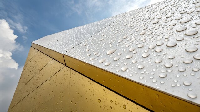 Close up view of abstract modern architecture with gold and silver panels covered in many sparkling water drops reflecting the clear blue sky.