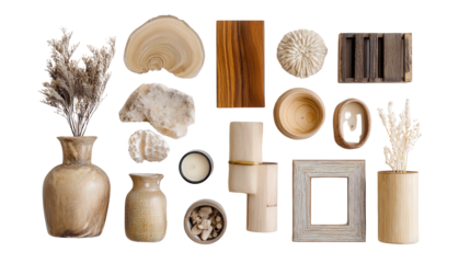 Wooden Home Decor Pieces: A flat lay of wooden home decor pieces like vases, candle holders, and picture frames, isolated on a Transparent background, PNG file.
