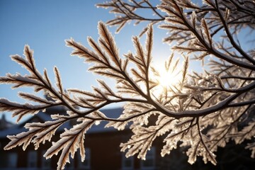 Frostbedeckte Zweige mit braunen Bl&auml;ttern im Gegenlicht der Sonne, klare Winterstimmung mit eisigen Details und k&uuml;hler Atmosph&auml;re