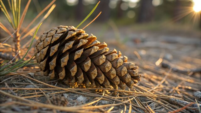 Close up of pine cone on forest floor with soft natural lighting