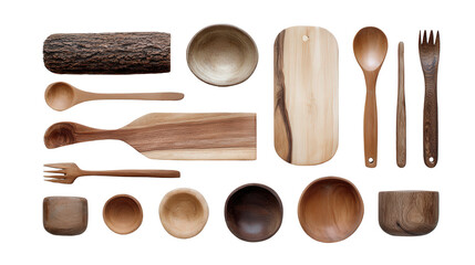 Wooden Kitchen Accessories: A flat lay of wooden kitchen accessories like spoons, cutting boards, and bowls, isolated on a Transparent background, PNG file.