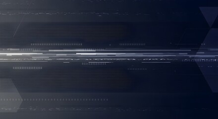 Abstract digital glitch effect with horizontal lines and geometric shapes on dark blue