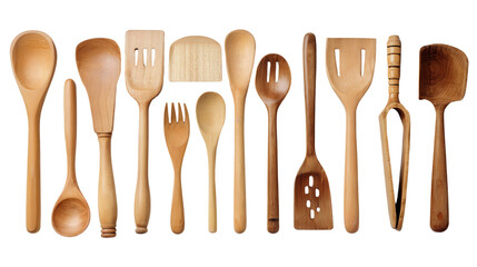 Wooden Kitchen Utensils: A flat lay of wooden kitchen utensils like spoons, spatulas, and tongs, isolated on a Transparent background, PNG file.