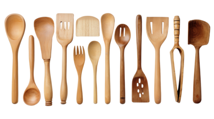 Wooden Kitchen Utensils: A flat lay of wooden kitchen utensils like spoons, spatulas, and tongs, isolated on a Transparent background, PNG file.
