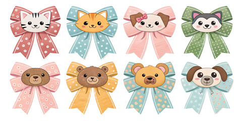 Naklejka premium Animal Gift Ribbons PNG Set – Cute Bows with Cats, Dogs, Teddy Bears, Transparent Background