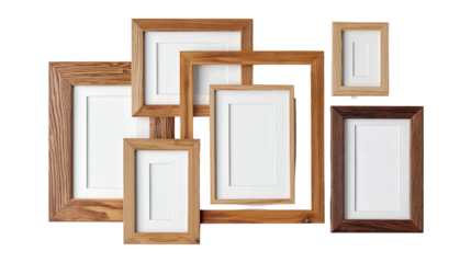 Wooden Picture Frames with Artwork: A flat lay of wooden picture frames with artwork inside, isolated on a Transparent background, PNG file.