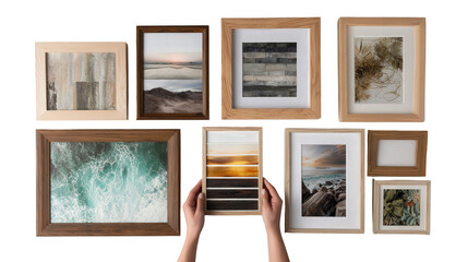 Wooden Picture Frames with Artwork: A flat lay of wooden picture frames with artwork and photographs, isolated on a Transparent background, PNG file.