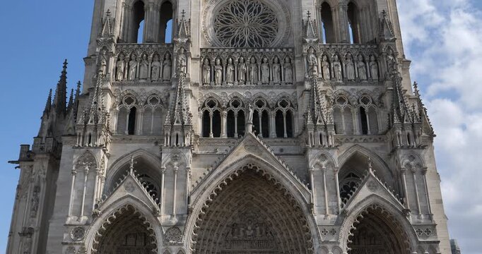 West portals and facade of Amiens Cathedral. Amiens, Somme department, France.