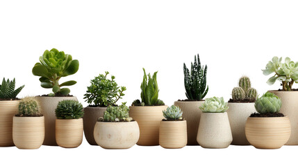 Obraz premium Wooden Plant Pots: A flat lay of wooden plant pots with indoor plants like succulents, isolated on a Transparent background, PNG file.