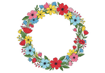 Colorful Floral Wreath on White Background – Decorative Botanical Circle for Seasonal and Event Design