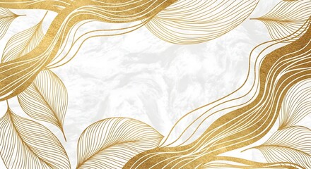 Abstract golden flowing lines and leaf patterns on a textured white wave