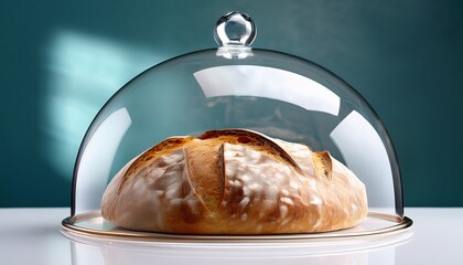 a rustic paper bag with freshly baked artisan bread on a white ceramic counter a surreal floating translucent dome barrier hovering above it to symbolize food protection and security