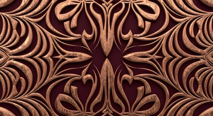 Detailed ornate metallic pattern with floral motifs on a deep red  elegant embossed texture