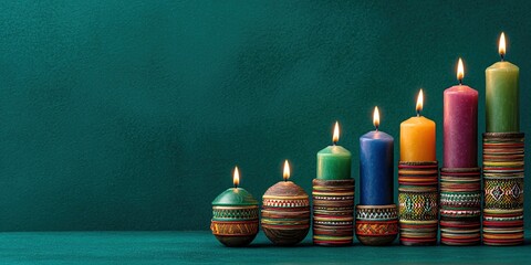 A row of traditionally colored Kwanzaa candles with cultural decorations on an emerald green background, a festive and symbolic web banner design with free space for text on the left.