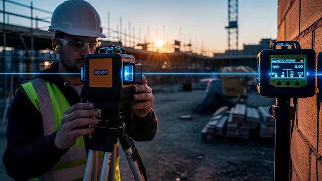 Construction professional adjusting a rotary laser level on a site capturing a glowing laser line projected on a brick wall receiver held steadily to confirm elevation points.