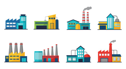 industrial buildings with smoke stacks and colorful designs