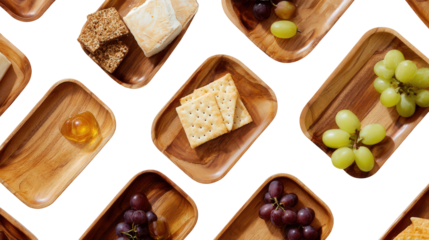 Wooden Serving Trays with Snacks: A flat lay of wooden serving trays with snacks like cheese, crackers, and grapes, isolated on a Transparent background, PNG file.