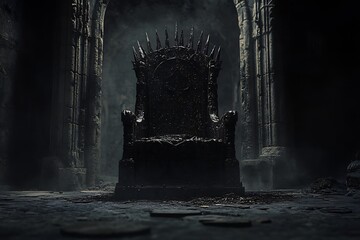 Iron Throne in Dark Stone Hallway with Columns, Fantasy King's Seat of Power