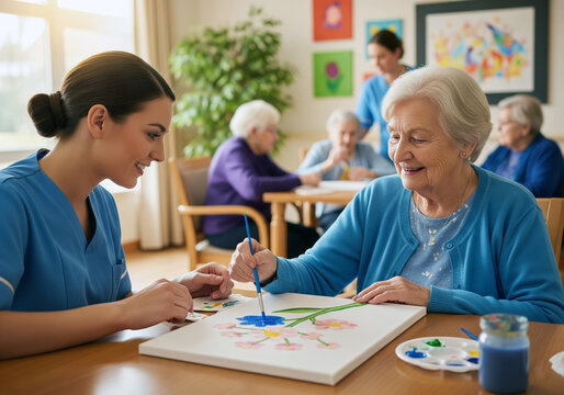 A caring young nurse or caregiver assists a happy senior woman as they paint a colorful picture together. 