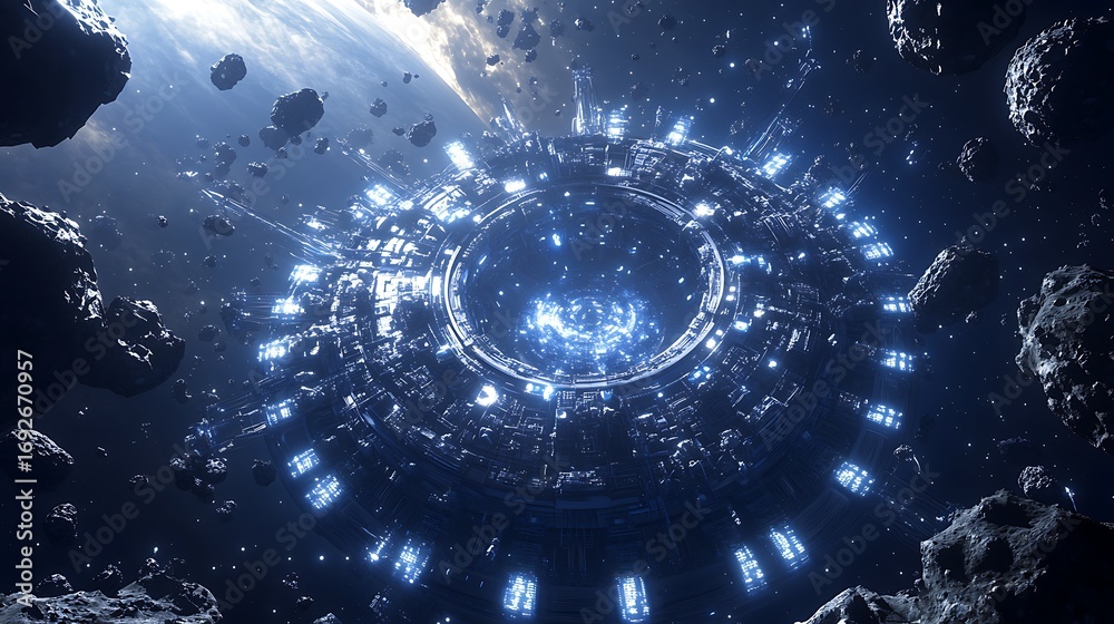 Wall mural futuristic space station surrounded by asteroids in deep space view