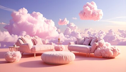 Pastel pink cloud-filled living room