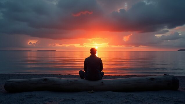 A person sits on a log at the beach, facing a vibrant sunset over the sea. - Powered by Adobe