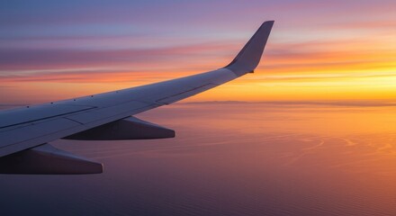 Obraz premium A stunning airplane wing view of a vibrant sunset over a vast expanse of clouds and ocean.