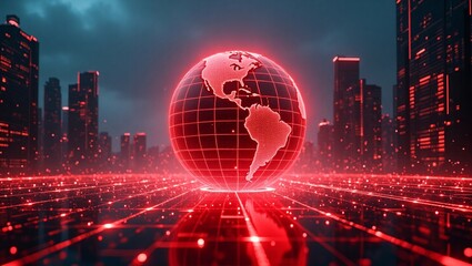 A glowing red digital globe with a cityscape and circuit like patterns, representing global tech connectivity.