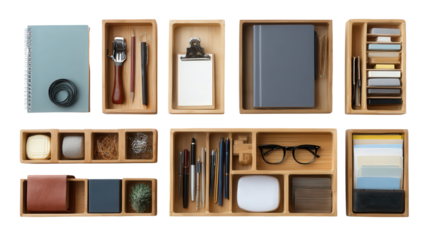 Wooden Storage Bins: A flat lay of wooden storage bins with organized office supplies, isolated on a Transparent background, PNG file.