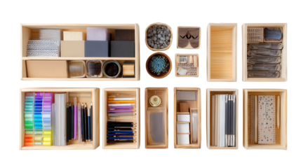 Wooden Storage Bins: A flat lay of wooden storage bins with organized office supplies, isolated on a Transparent background, PNG file.