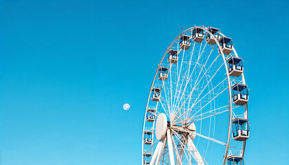 White Ferris wheel with glass cabins and moon, low-angle shot