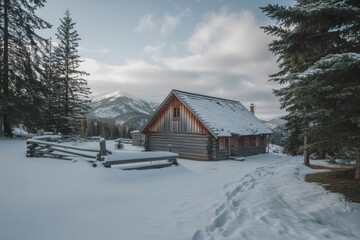 Winter Cabin Retreat Serene Mountain Landscape in Snowy Environment Adventure