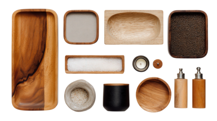 Wooden Tabletop Accessories: A flat lay of wooden tabletop accessories like trays, salt shakers, and candle holders, isolated on a Transparent background, PNG file.