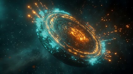 Glowing futuristic space station in a dark cosmic environment