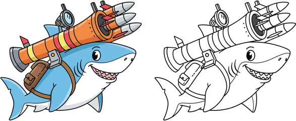 Cute Cartoon Shark with Rocket Launcher for Coloring Book and Design Projects