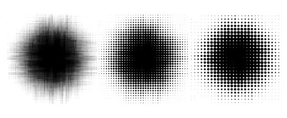 Three halftone patterns show gradual shifts from dense black dots to sparse arrays on a white background, forming radial gradients and abstract circular textures