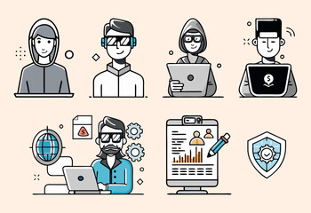Set of 5 minimalist vector icons of tech professions, including engineer testing circuit, programmer debugging code, data scientist analyzing data, cybersecurity analyst detecting threat