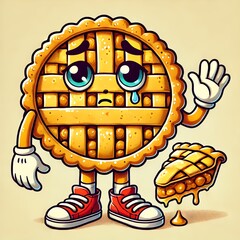 A fun, cartoon-style anthropomorphic apple pie character with expressive eyes and a slightly tired or sad facial expression