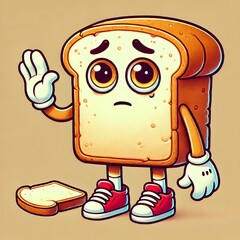 A fun, cartoon-style anthropomorphic bread character with expressive eyes and a slightly tired or sad facial expression