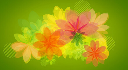 Obraz premium Vibrant abstract floral design with overlapping petals and geometric circles on a green background