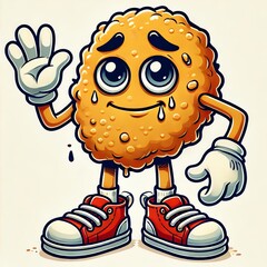  fun, cartoon-style anthropomorphic chicken nugget character with expressive eyes and a slightly tired or sad facial expression