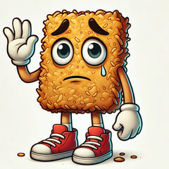 A fun, cartoon-style anthropomorphic hash brown character with expressive eyes and a slightly tired or sad facial expression