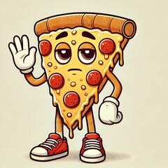 A fun, cartoon-style anthropomorphic pizza slice character with expressive eyes and a slightly tired or sad facial expression