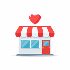 Lovely storefront with red and white striped awning and big red heart on top, cute cartoon style