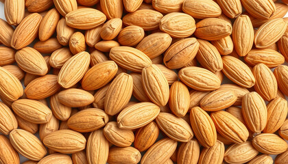 Fototapeta premium Pile of almond nuts transparent png, hyperrealism. White tone