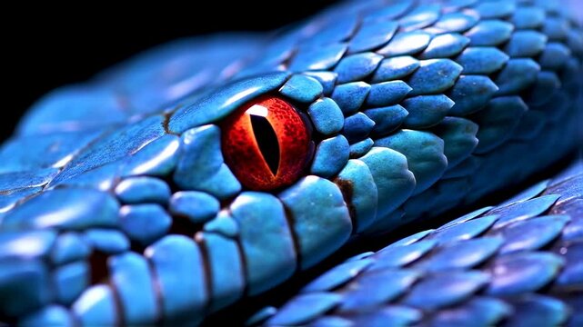 Hypnotic Blue Snake: Intense Red Eye Gaze, Scales Detail, Reptilian Majesty