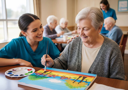 A caring young nurse or caregiver assists a happy senior woman as they paint a colorful picture together.  - Powered by Adobe