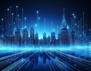 futuristic city skyline with glowing digital lines in a blue background