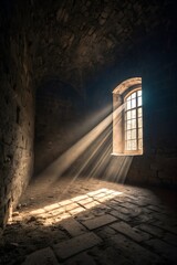 Bright sunlight streams through an arched window into a dark, ancient stone room, illuminating dust and casting beautiful light patterns on the floor.
